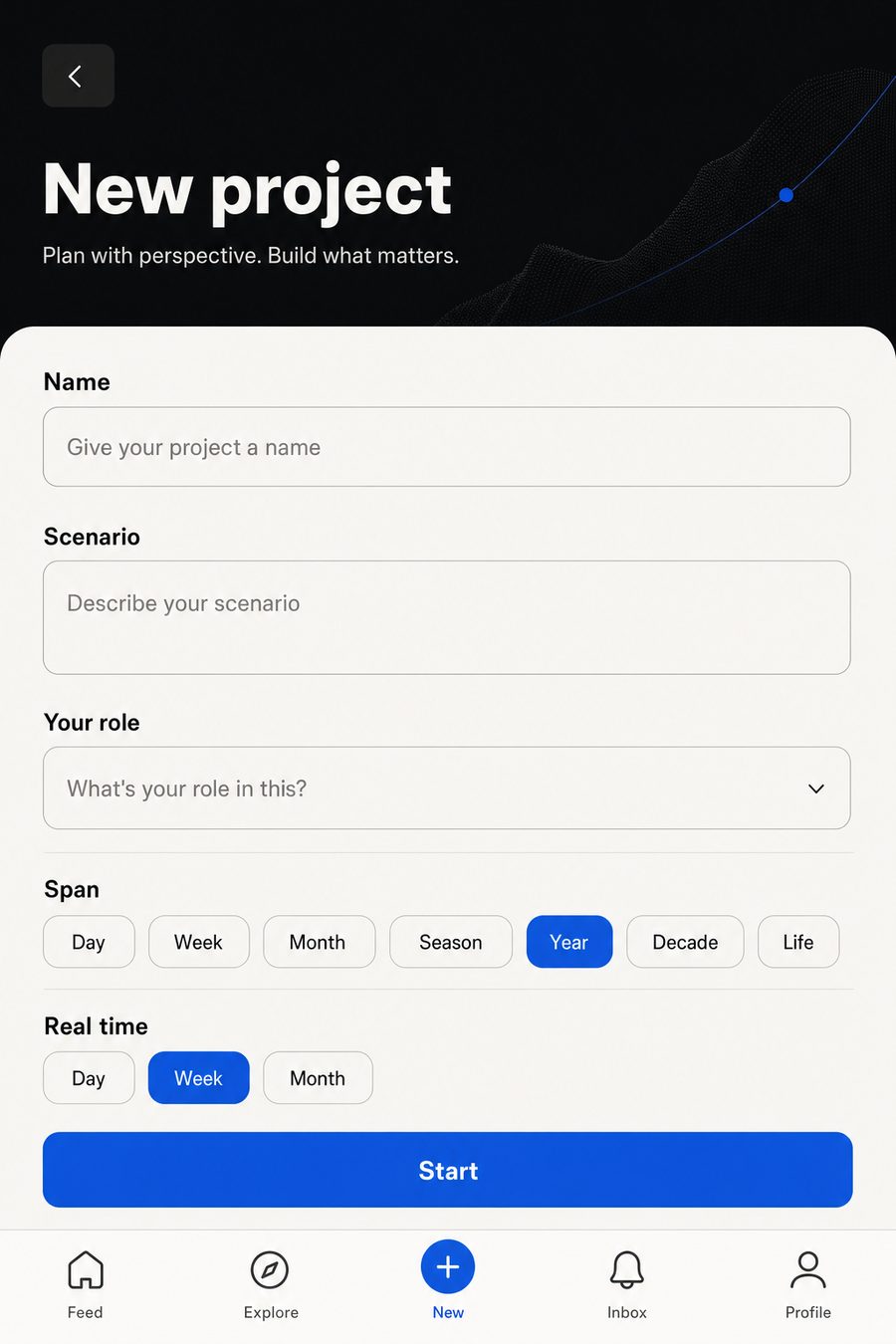 Un proyecto nuevo: nombre, escenario, tu papel y la velocidad del tiempo